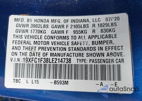 2020 Honda Civic Ex z USA, uszkodzony, nr VIN 19XFC1F38LE214738